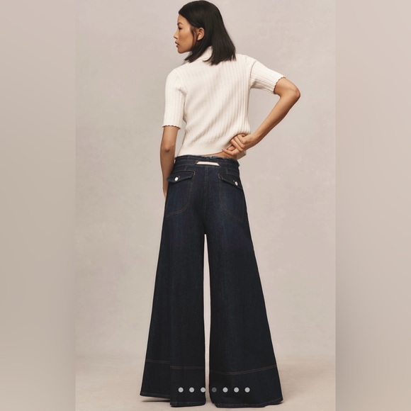 Pilcro Anthropologie Tenney Drawstring Wide Leg Jeans 26 Dark Wash Frayed Waist - Picture 2 of 5